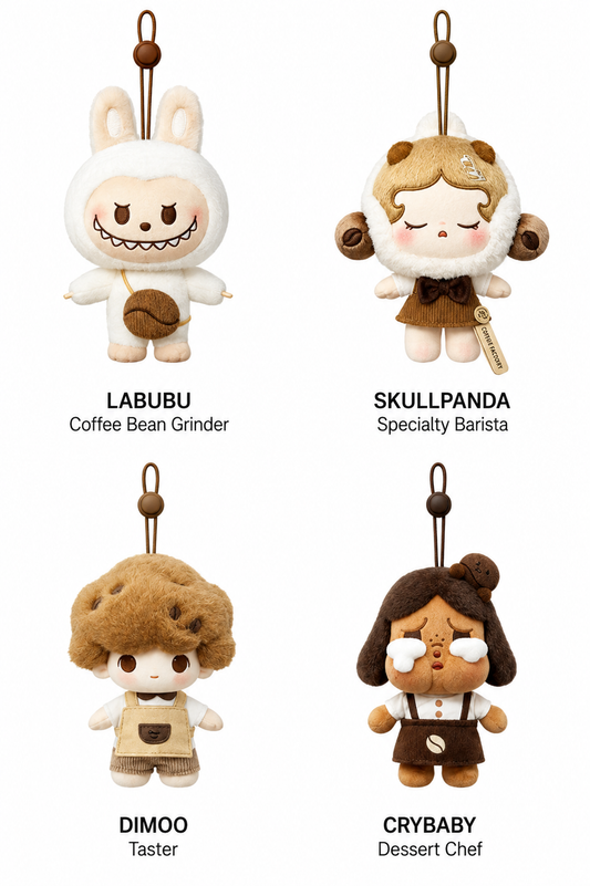 POP MART POP BEAN Coffee Factory Series character lineup with LABUBU, SKULLPANDA, DIMOO, CRYBABY and MOLLY