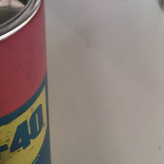 Video of WD-40 style novelty insulated tumbler with clear lid, metal straw and cleaning brush