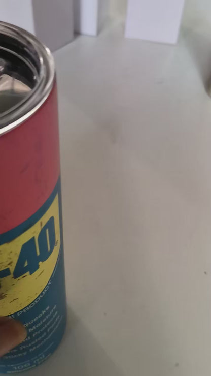 Video of WD-40 style novelty insulated tumbler with clear lid, metal straw and cleaning brush