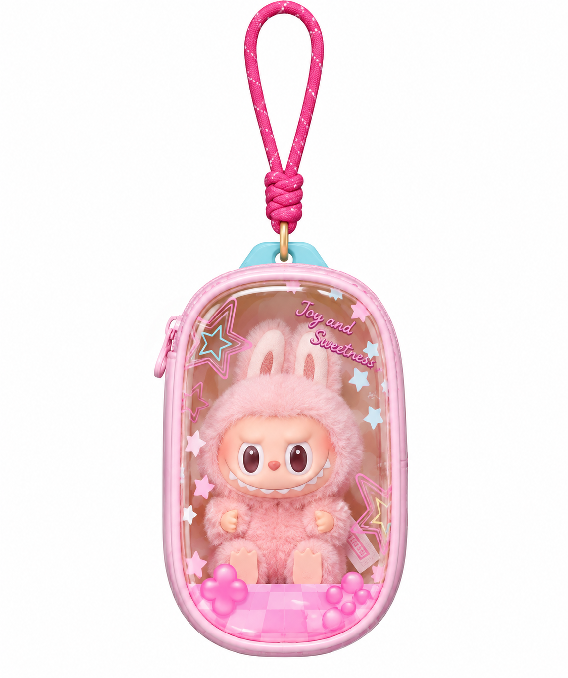 POP MART Retro FM Sugar Radio pink plush display bag shown with pink plush character inside for illustration
