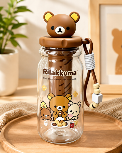Rilakkuma clear infuser drinks bottle with brown 3D bear head lid, internal filter, decorative wrist strap and character artwork