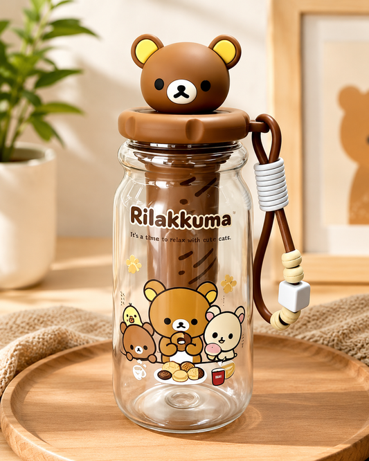 Rilakkuma clear infuser drinks bottle with brown 3D bear head lid, internal filter, decorative wrist strap and character artwork