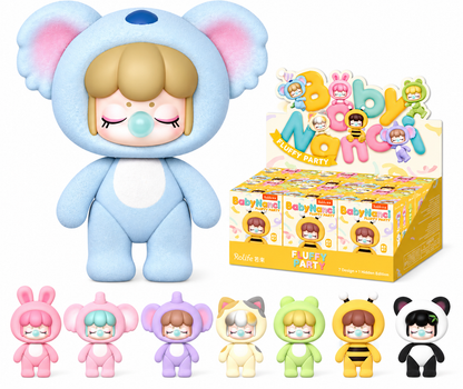 Baby Nanci Fluffy Party Series by Rolife showing miniature kawaii figures in fluffy animal outfits alongside the original collectible blind box display.