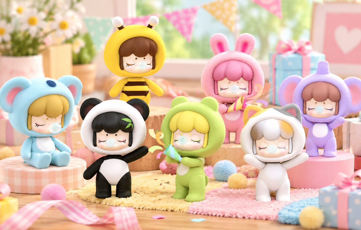 Rolife Baby Nanci Fluffy Party Series featuring adorable kawaii collectible figures wearing pastel animal costumes, including bunny, koala, panda and bee designs.