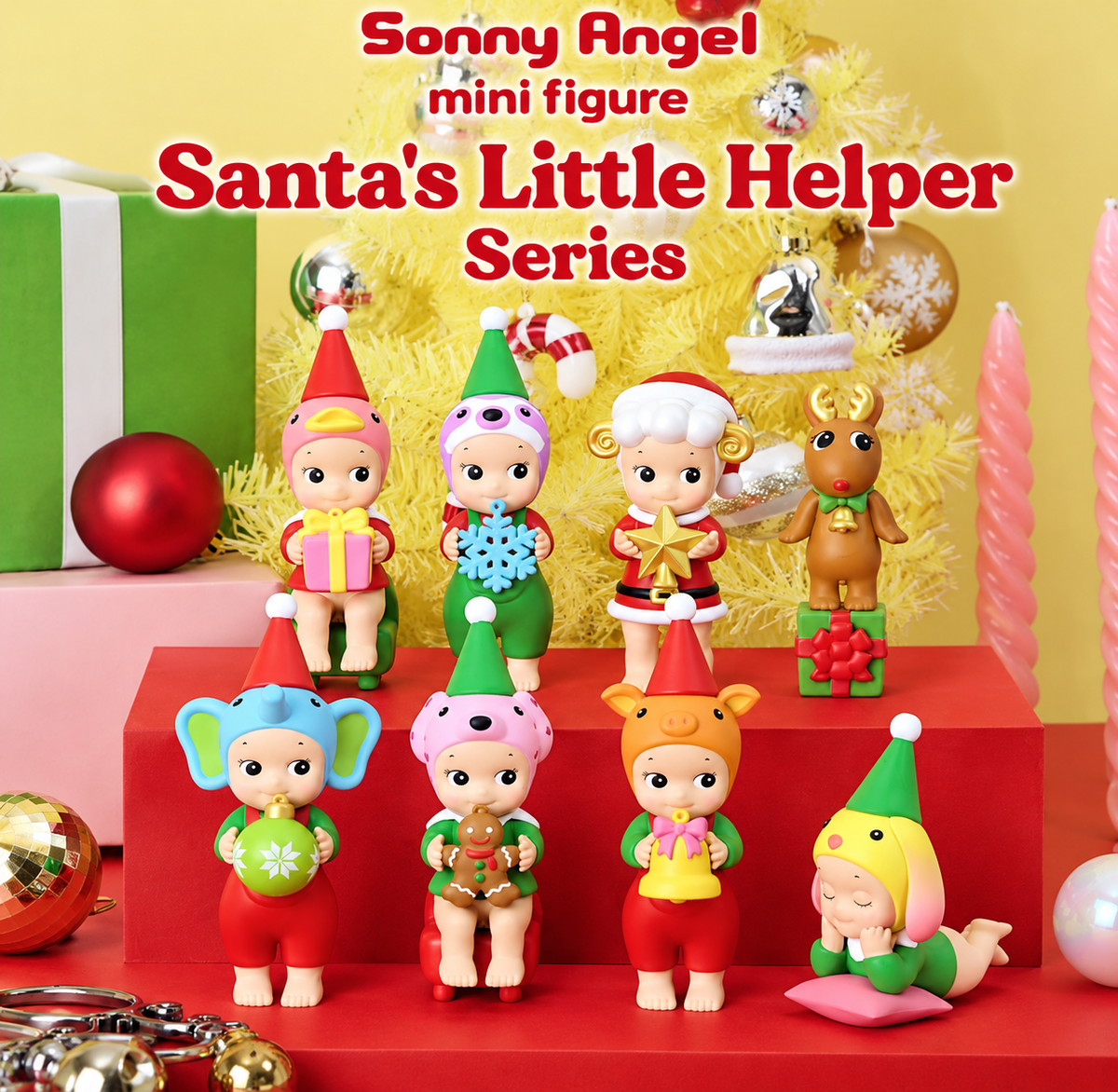 Sonny Angel Santa's Little Helper Series 2025 Christmas mini figure collection featuring festive animal characters, Santa and reindeer figures.