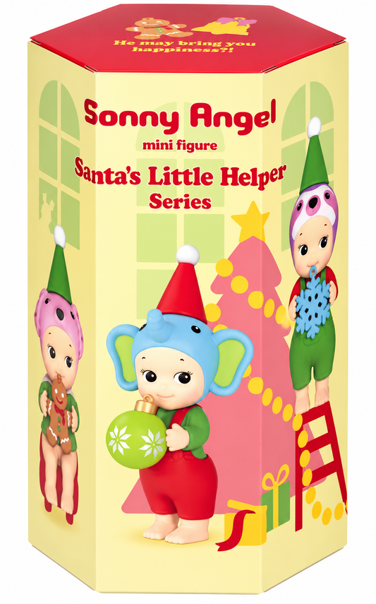 Sonny Angel Santa's Little Helper Series 2025 original Christmas blind box packaging featuring colourful festive illustrations and collectible characters.
