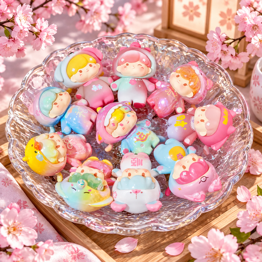 Baby Billie Blessing Sakura Beans miniature figures displayed in a pastel cherry blossom setting