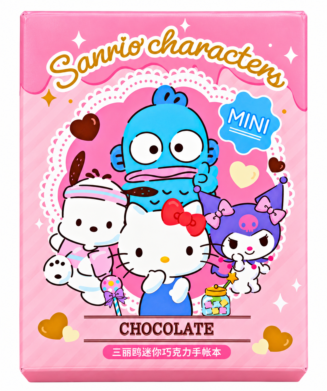 Pink Sanrio Characters Mini Chocolate Notebook packaging featuring Hello Kitty, Pochacco, Hangyodon and Kuromi with colourful chocolate-themed illustrations.