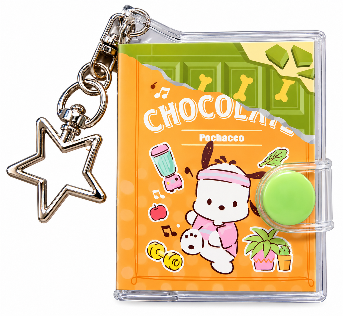 Sanrio Pochacco Matcha Chocolate miniature notebook keyring featuring orange and green chocolate-themed artwork, transparent protective cover, green press-stud fastening and silver star-shaped charm.