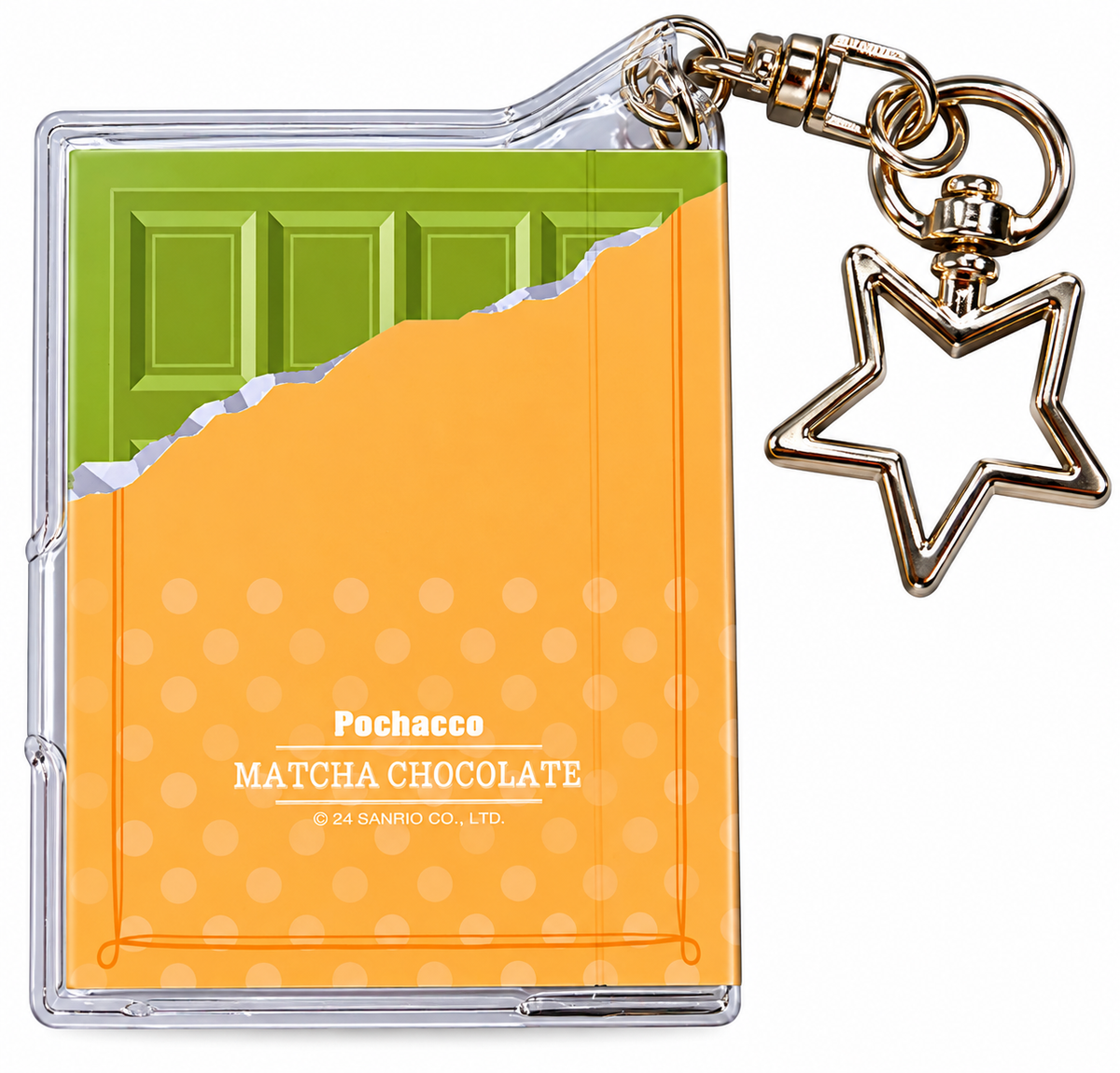 Reverse of Sanrio Pochacco miniature notebook keyring featuring a green matcha chocolate bar illustration, orange polka-dot wrapper, Pochacco Matcha Chocolate lettering and silver star-shaped keyring.