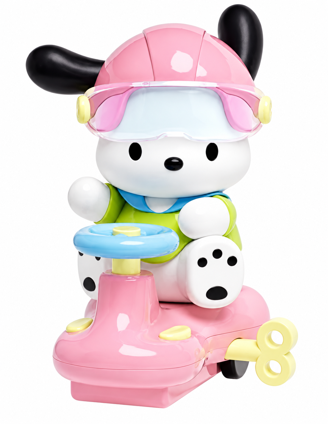 MOETCH × Sanrio Characters Playful Delight Figure Series – Confirmed Pochacco collectible figure wearing a pink helmet and goggles, riding a pastel pink wind-up scooter with blue steering wheel and yellow details.