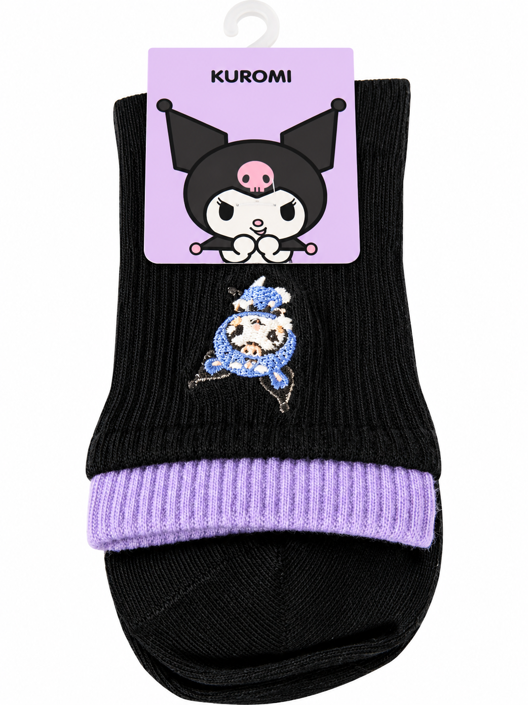 Miniso Sanrio Kuromi black ankle socks with lavender trim and embroidered character design.
