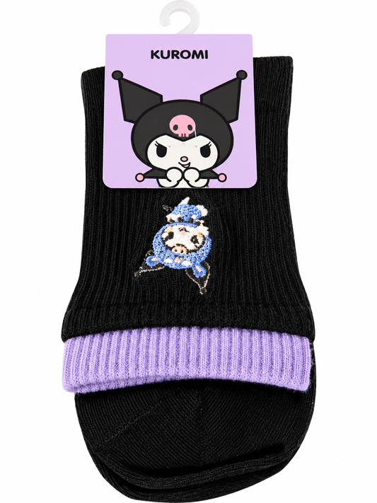 Miniso Sanrio Kuromi black ankle socks with lavender trim and embroidered character design.