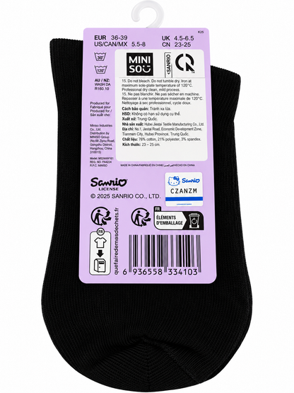 Back of officially licensed Miniso Sanrio Kuromi socks packaging showing sizing, materials and product information.
