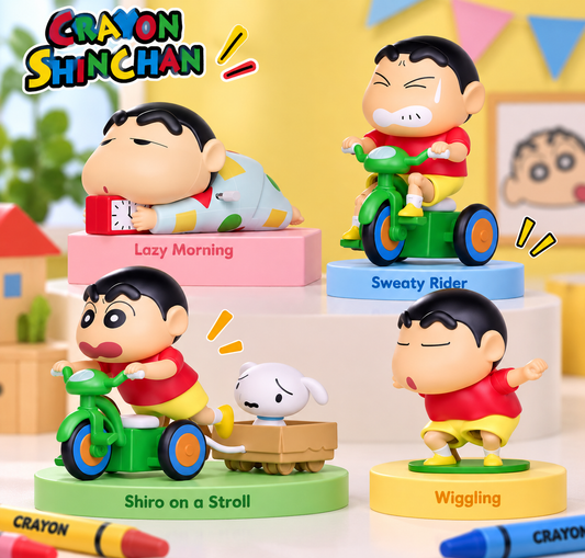 Crayon Shin-chan Dynamic Shin-Life collection showing Lazy Morning, Sweaty Rider, Shiro on a Stroll and Wiggling figures