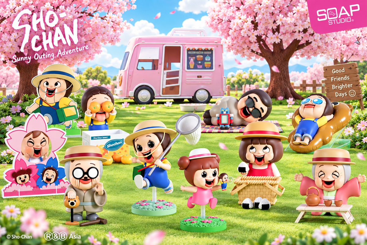 SOAP Studio Sho-Chan Sunny Outing Adventure full figure line-up with picnic and cherry blossom scene.