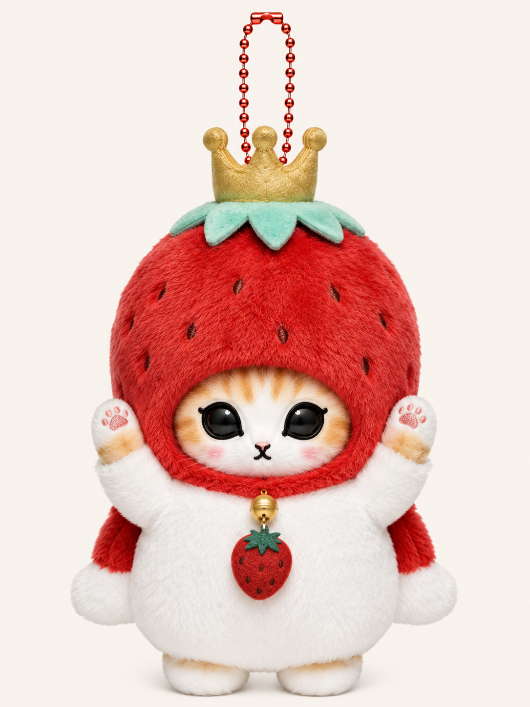 Mofusand cat plush keychain wearing a red strawberry king sanrio costume with crown and strawberry charm