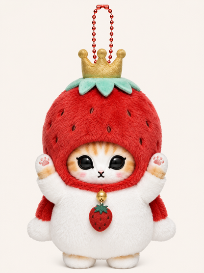 Mofusand cat plush keychain wearing a red strawberry king sanrio costume with crown and strawberry charm