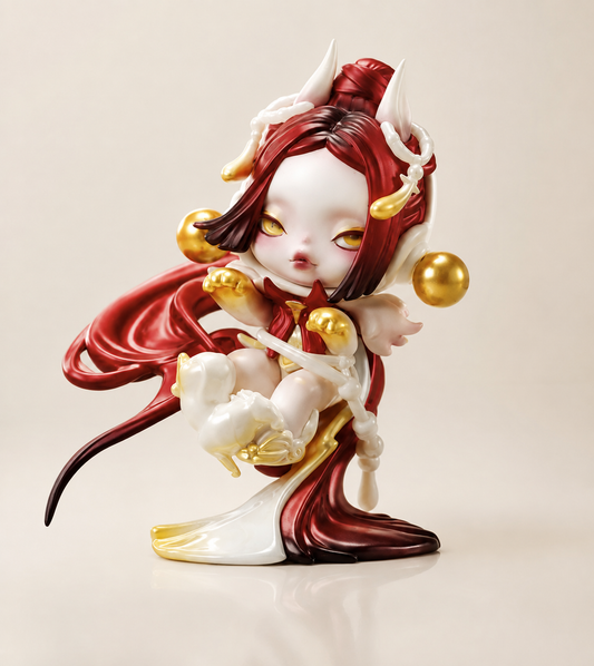 POP MART SKULLPANDA Celestial Horse Figure in metallic red ivory and gold