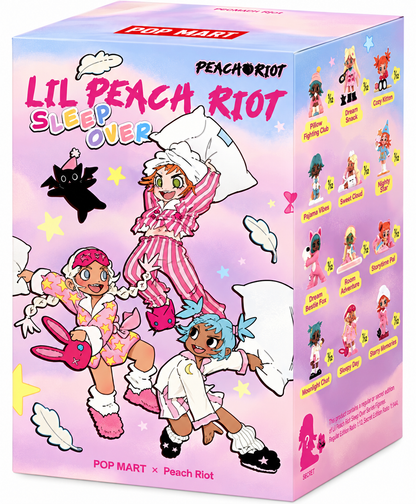 Pop Mart Lil Peach Riot Sleepover Series collectible blind box featuring colourful Peach Riot characters and pastel pink packaging.