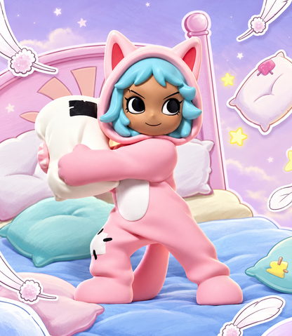 Pop Mart Lil Peach Riot Sleepover Frankie Pillow Fight figure wearing a pink cat onesie and holding a white pillow against a pastel bedroom background.