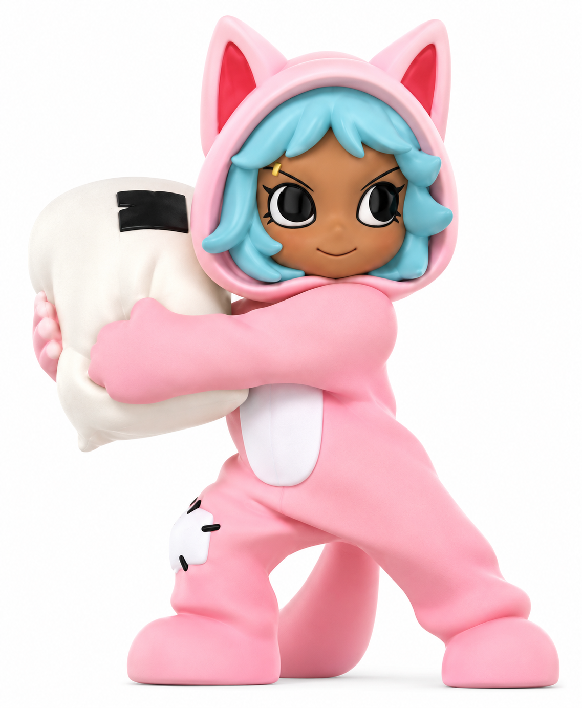 Pop Mart Lil Peach Riot Sleepover Frankie Pillow Fight confirmed figure with blue hair, pink cat costume and white pillow on a white background.