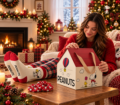 Woman enjoying the Peanuts Snoopy Beauty Advent Calendar beside a Christmas tree and fireplace, featuring the house-shaped Snoopy gift box, Peanuts socks and festive hair accessories.