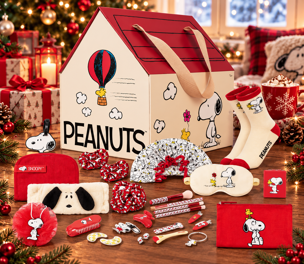 Peanuts Snoopy Beauty Advent Calendar Christmas gift box with 24 Snoopy and Woodstock themed beauty accessories and surprises.