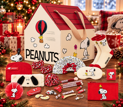 Peanuts Snoopy Beauty Advent Calendar Christmas gift box with 24 Snoopy and Woodstock themed beauty accessories and surprises.