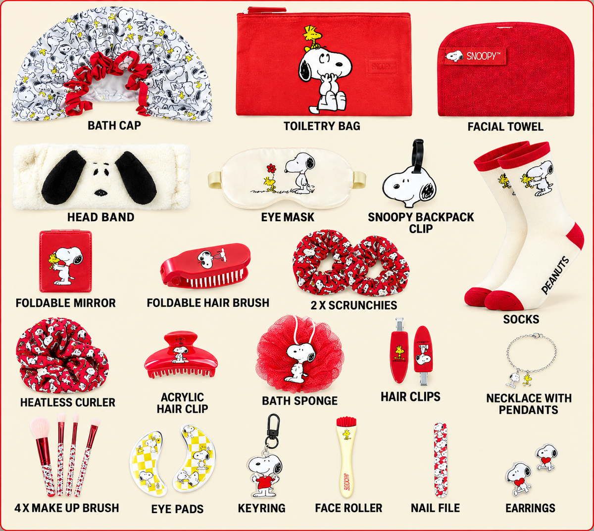 Selection of Snoopy Beauty Advent Calendar gifts including socks, hair accessories, beauty tools and Peanuts-themed accessories.