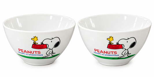 Matching pair of unused 2006 Japanese Snoopy and Woodstock ceramic promotional bowls