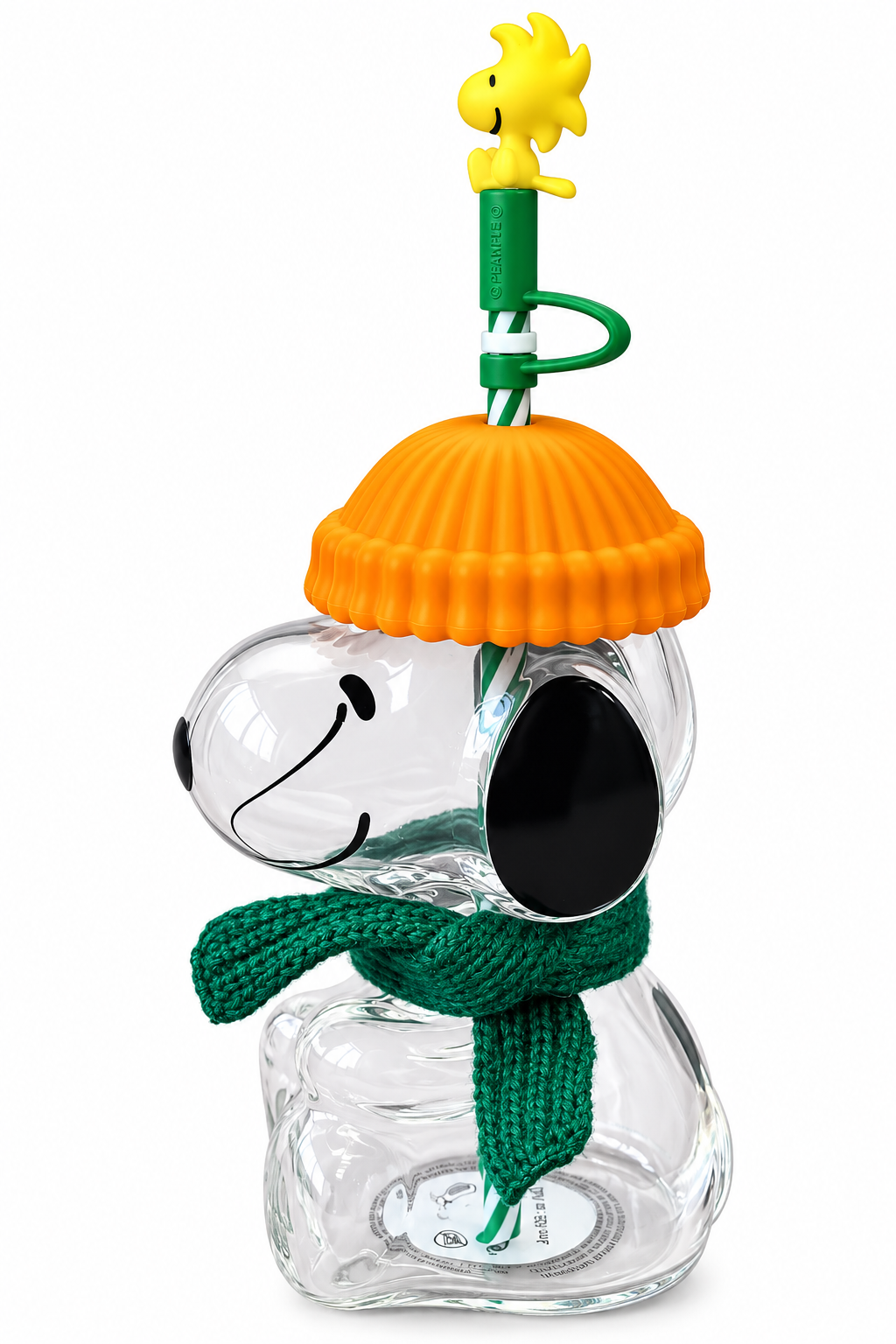 Limited edition Starbucks x Peanuts Snoopy shaped glass cold cup with Woodstock straw topper