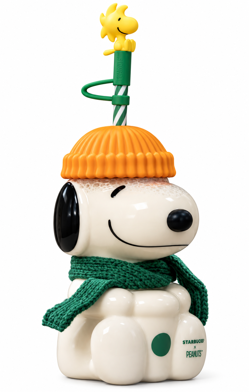 Starbucks x Peanuts 2026 Snoopy Glass Cold Cup with green scarf orange beanie and Woodstock straw topper