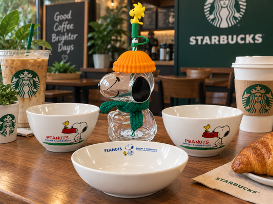 Vintage Japanese Snoopy and Woodstock bowls displayed with Peanuts collectibles