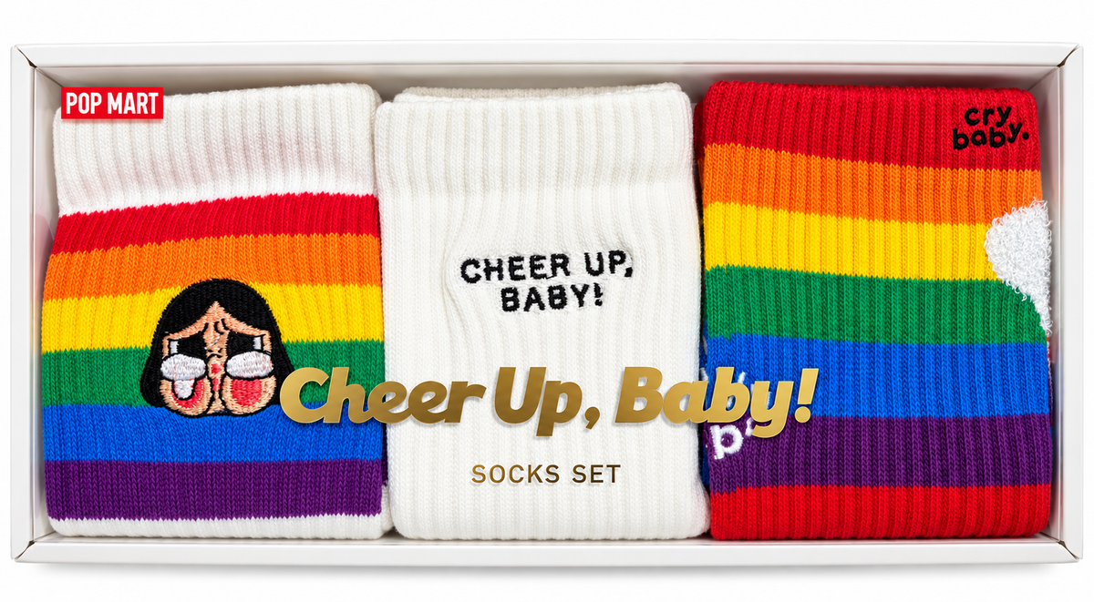 Pop Mart CRYBABY Cheer Up, Baby! three-pair socks gift set featuring colourful rainbow designs and embroidered CRYBABY artwork in original presentation box.