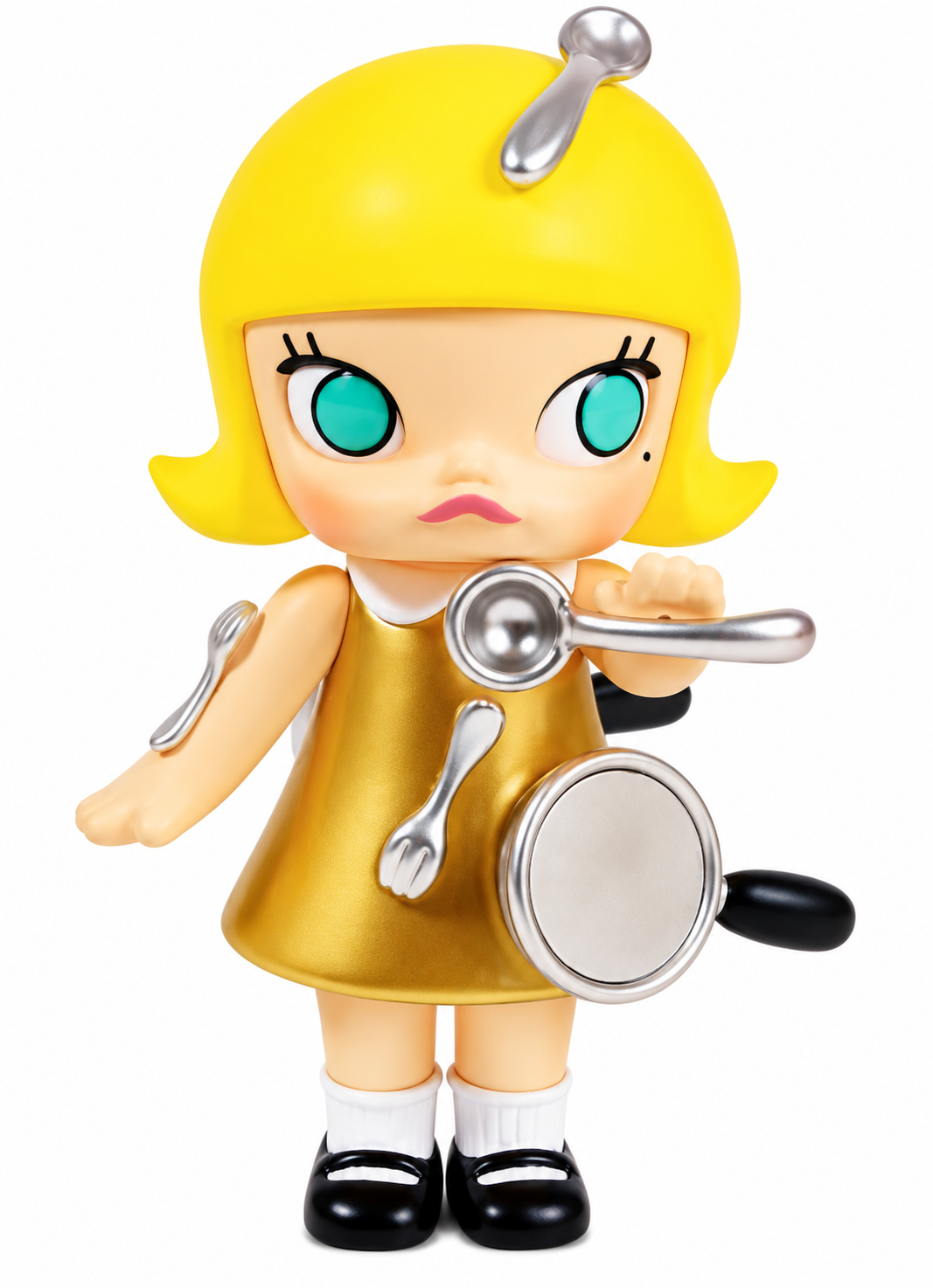 Pop Mart Molly Super Magnet collectible figure from the My Instant Superpower Series, featuring yellow hair, gold dress and silver magnetic accessories.