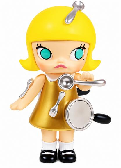 Pop Mart Molly Super Magnet collectible figure from the My Instant Superpower Series, featuring yellow hair, gold dress and silver magnetic accessories.
