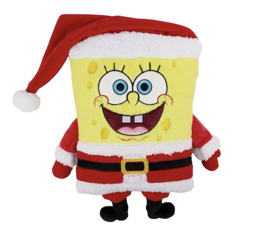 SpongeBob SquarePants Christmas cushion featuring a bright yellow plush body, embroidered smiling face, red Santa suit, fluffy white trim, black belt and festive hat.