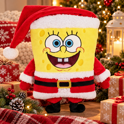 SpongeBob SquarePants Christmas Santa plush cushion displayed in a festive setting with glowing Christmas tree lights, wrapped presents, pinecones and decorations.