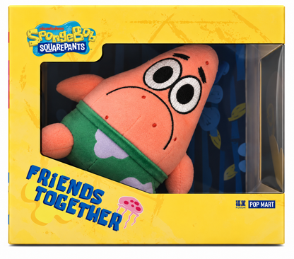 Pop Mart Patrick Star Bamboo Dragonfly collectible plush from the SpongeBob Friends Play Together collection in original display packaging.