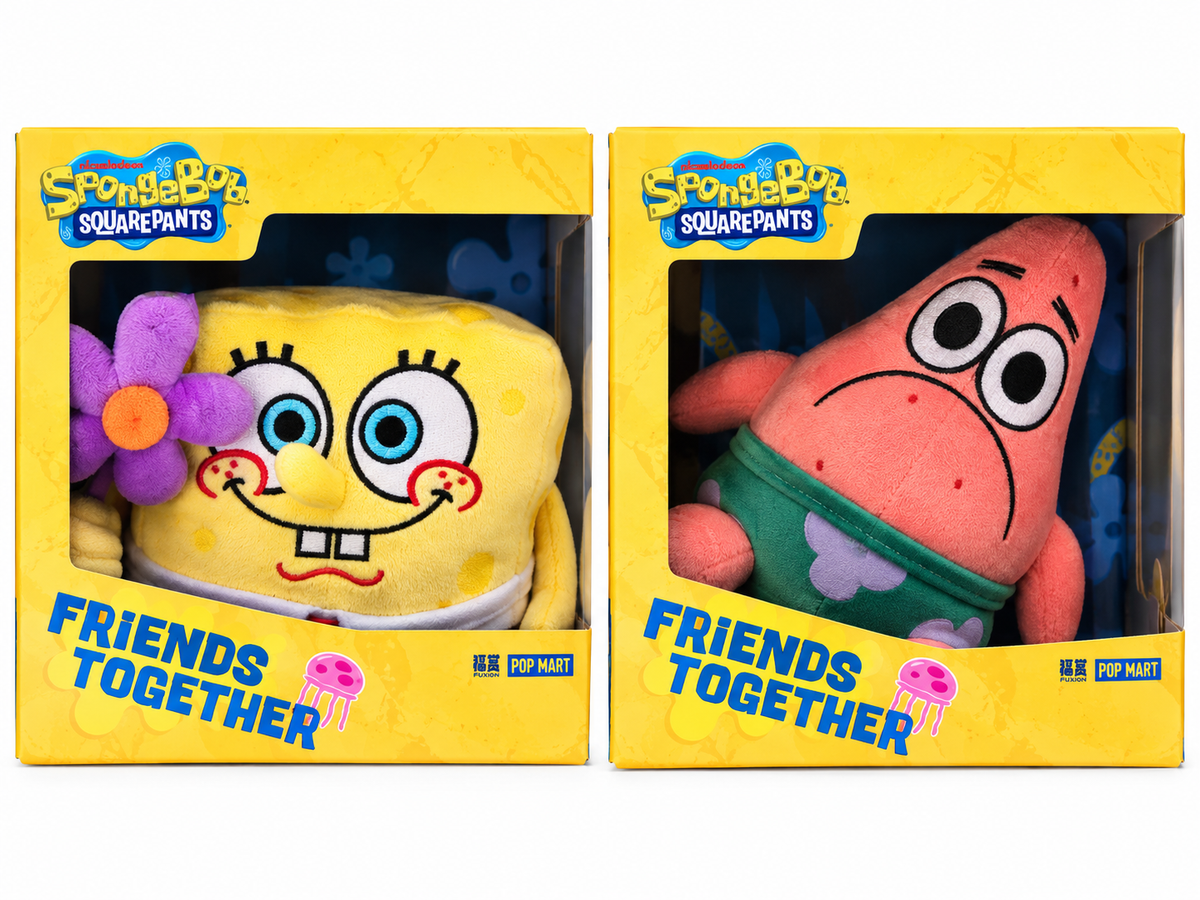 Pop Mart × SpongeBob SquarePants Friends Play Together collectible plush featuring SpongeBob with purple flower and Patrick Star Bamboo Dragonfly, displayed side by side in their original yellow collector's boxes.