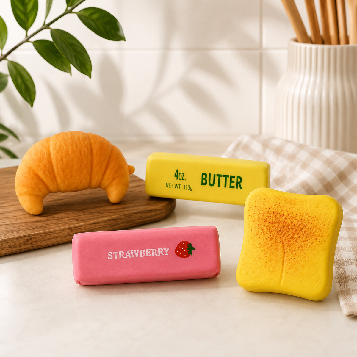 Four kawaii food squishies including croissant, butter, strawberry and toast arranged in a bright kitchen setting.