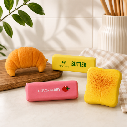 Four kawaii food squishies including croissant, butter, strawberry and toast arranged in a bright kitchen setting.