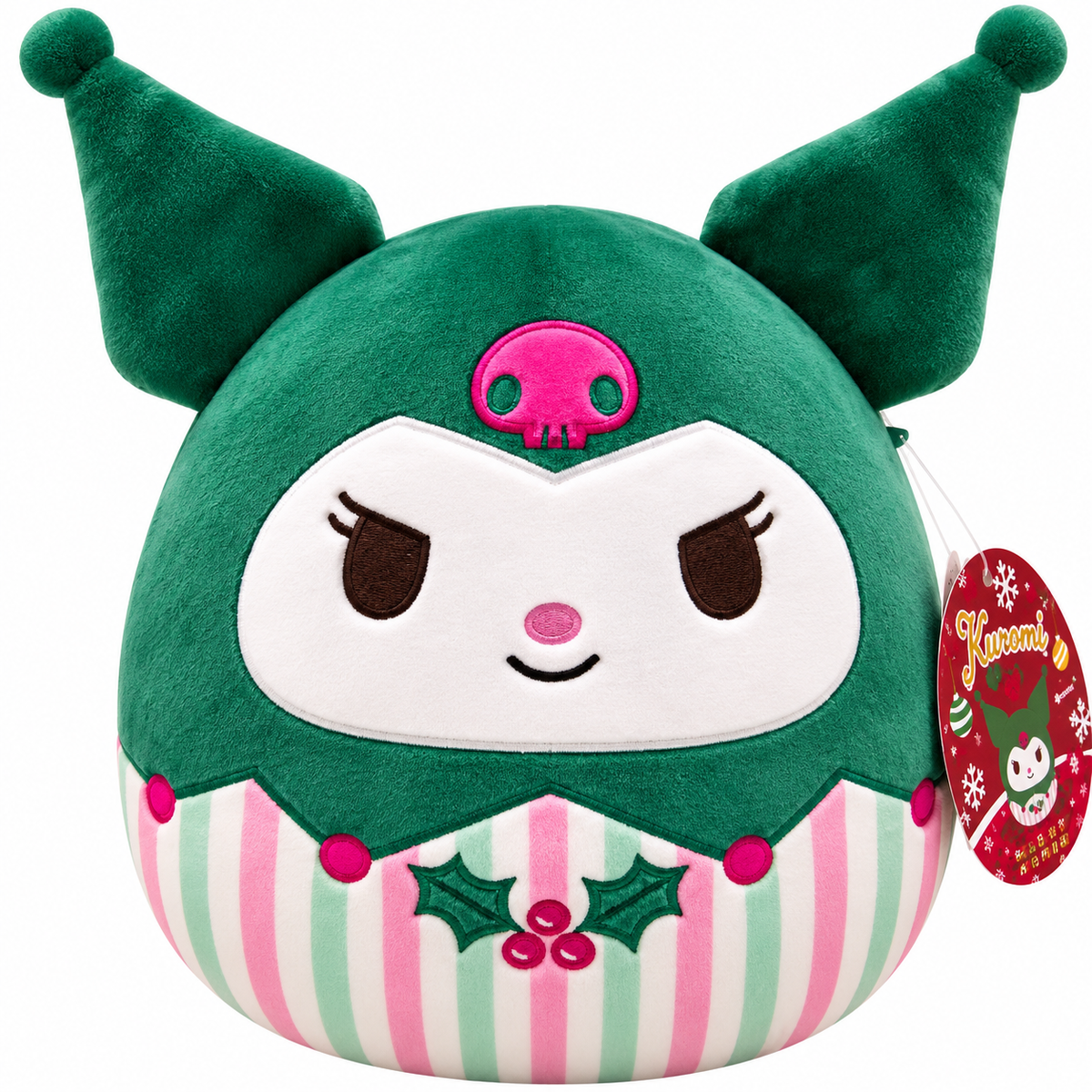 Kuromi Christmas Squishmallows 8-inch plush featuring a dark green festive hood, pink skull, pastel striped body and embroidered Christmas holly decoration.