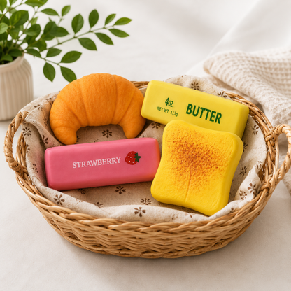 Four piece food squishy set with croissant, butter, strawberry and toast arranged together in a woven basket.