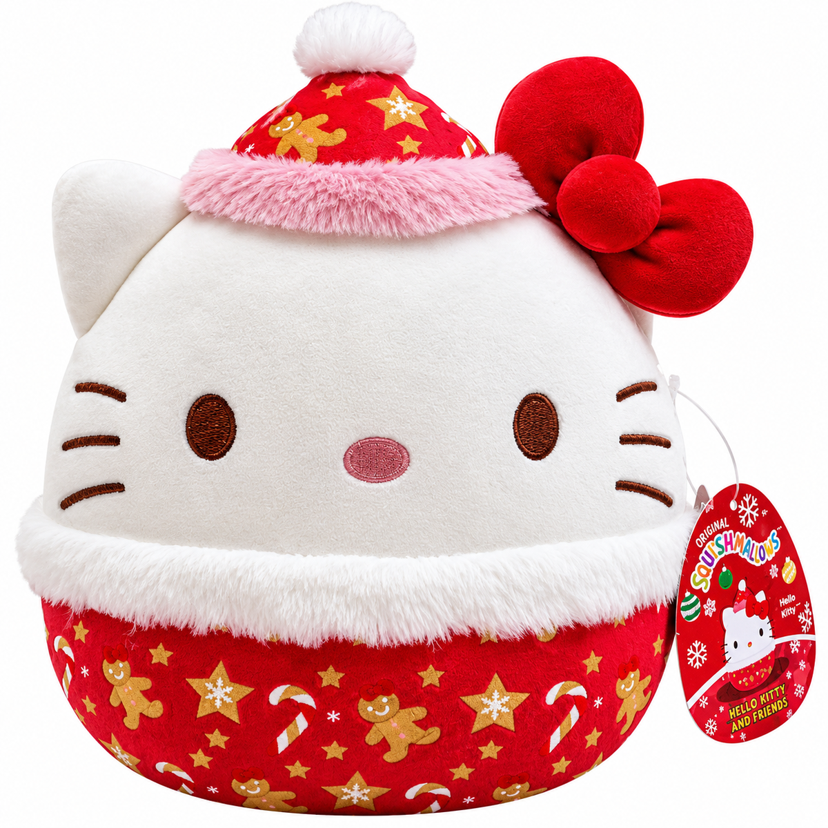 Hello Kitty Christmas Squishmallows 8-inch plush wearing a red gingerbread-patterned Santa hat and festive outfit with fluffy white trim and signature red bow.