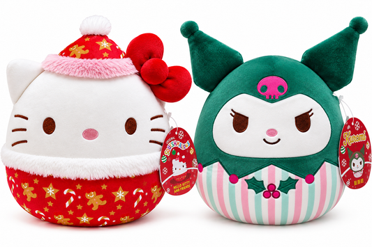 Sanrio Christmas Squishmallows 8-inch plush toys featuring Hello Kitty in a red gingerbread Christmas outfit and Kuromi in a green festive holly design.