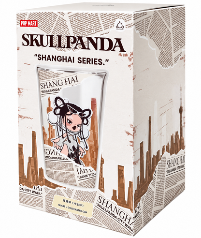 Original POP MART SKULLPANDA Shanghai Series glass cup presentation box featuring Shanghai artwork