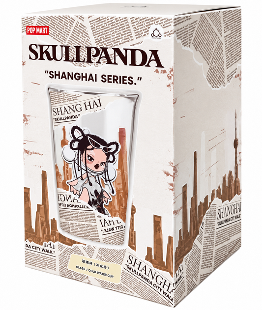 Original POP MART SKULLPANDA Shanghai Series glass cup presentation box featuring Shanghai artwork
