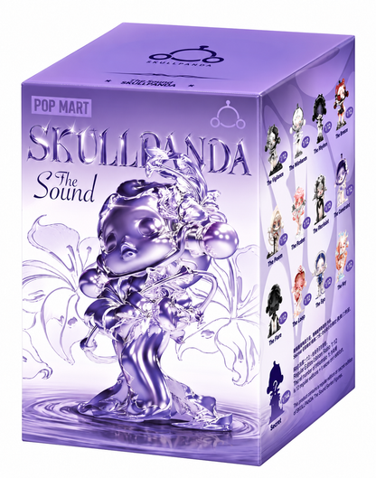 Pop Mart SKULLPANDA The Sound Series original purple blind box packaging featuring illustrated characters from the collection.